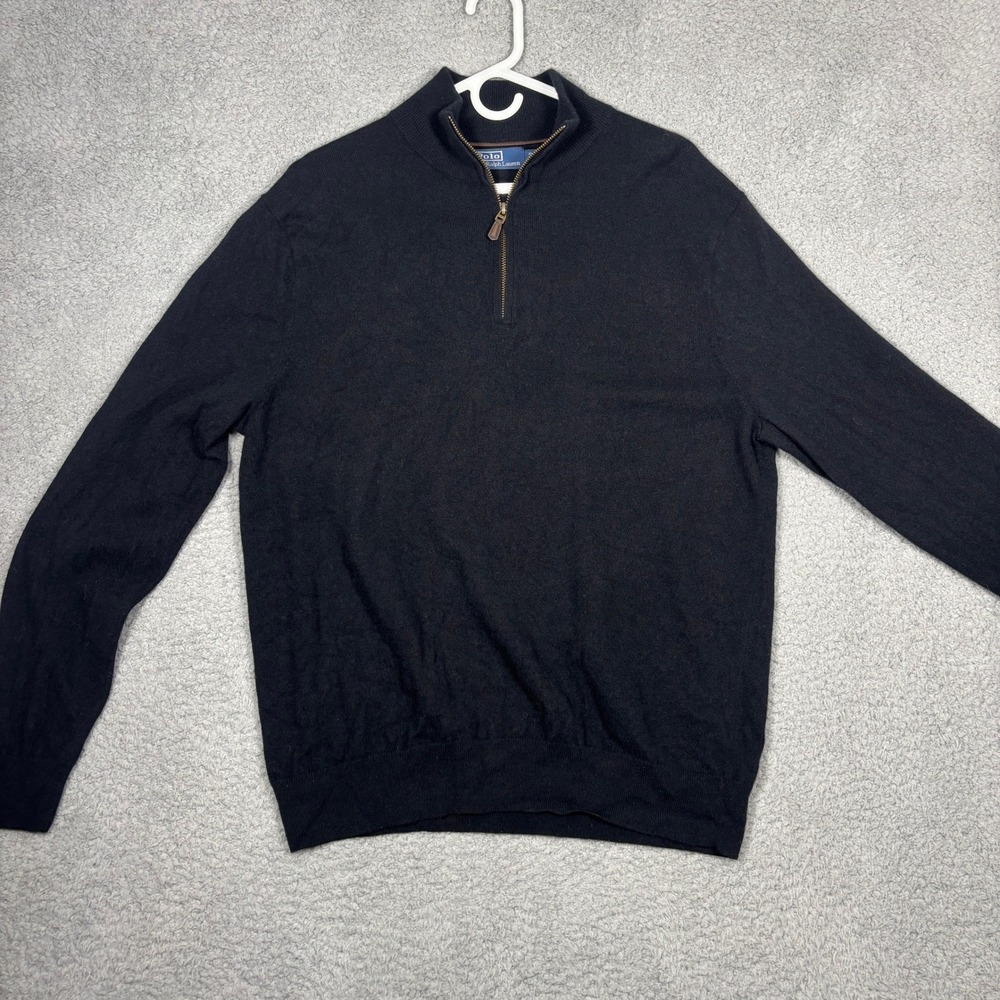 Polo Ralph Lauren Mens XL Black Italian Wool Quarter Zip Suede Pull Sweater